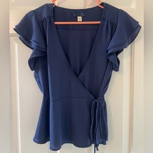 Blue Ruffle Sleeve Wrap Blouse